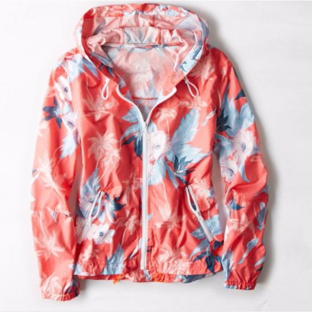NEW American Eagle Outfitters Orange Floral Tropical Spring WindBreaker Jacket L